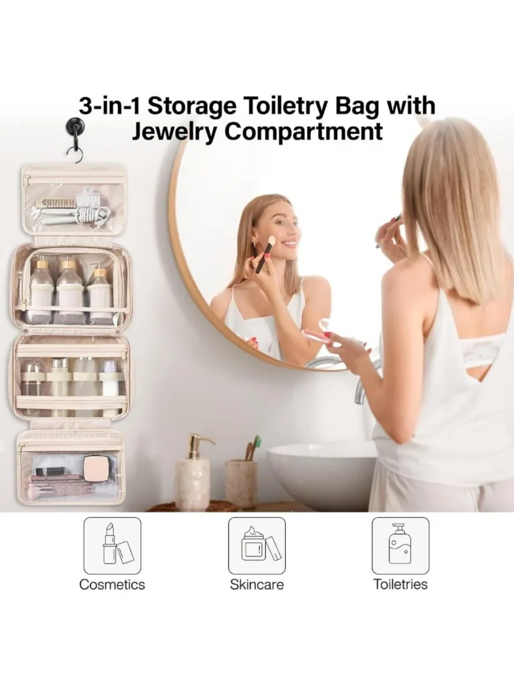 Travel Toiletry Bag with Jewelry Organizer - Hanging Design, Apricot Color